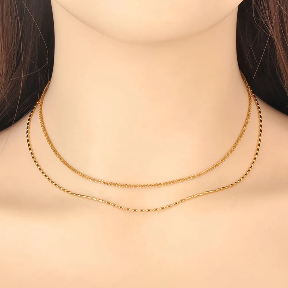 Correntes FlyMango 316L Aço Inoxidável Dupla Camada Corrente Gargantilhas Colar Para Mulheres Banhado A Ouro Hipérbole Colar Moda_voghion.com