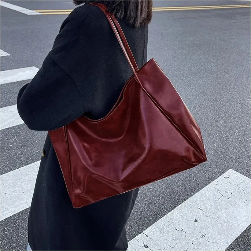 Vintage Red Womens Tote Athletic Casual Fashion Large Capacity Leather Shoulder Bag Shopper Haruku Simple Handbag Sac_voghion.com