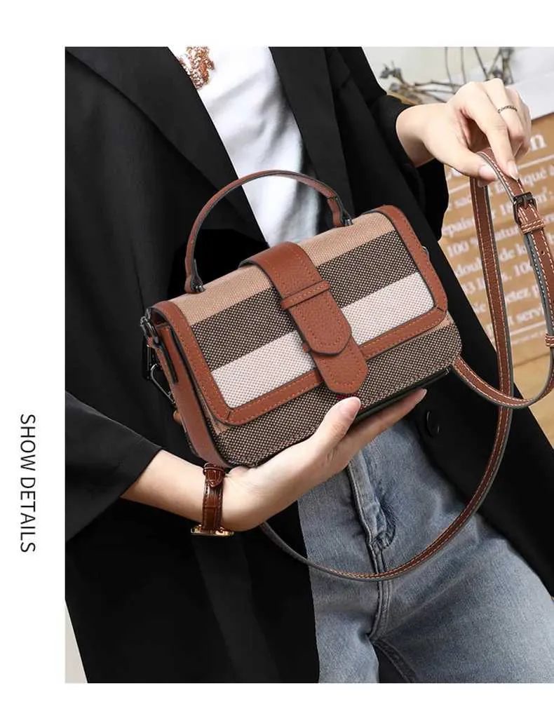Crossbody Shoulder Handbag In Plaid Canvas And Cowhide Leather_voghion.com