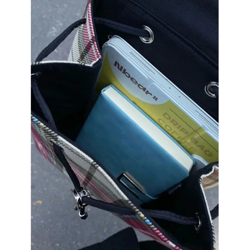 Japa Cavas Drawstrig Backpack Preppy Style Cute Plaid Prit Bag Studet Casual High Capacity Small Tote Bags For_voghion.com