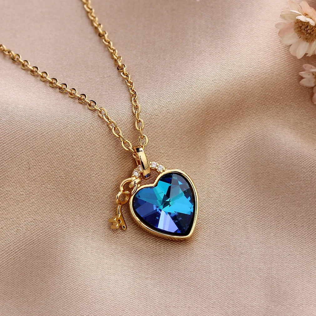 Collares colgantes de moda con forma de corazón azul brillante del océano para mujeres y niñas, color dorado, circonita cúbica, árbol de diamantes de imitación_voghion.com