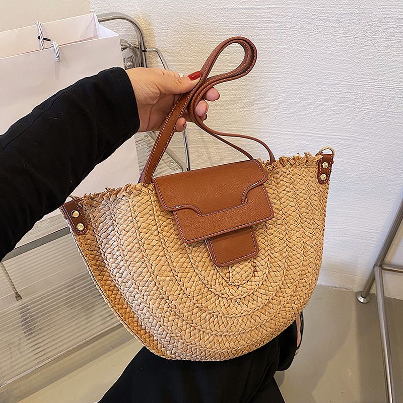 Sommer Frauen Reise Stroh Taschen Rattan Schulter Crossbdoy Handarbeit Gewebt Strand Tasche Weibliche Große Kapazität_voghion.com