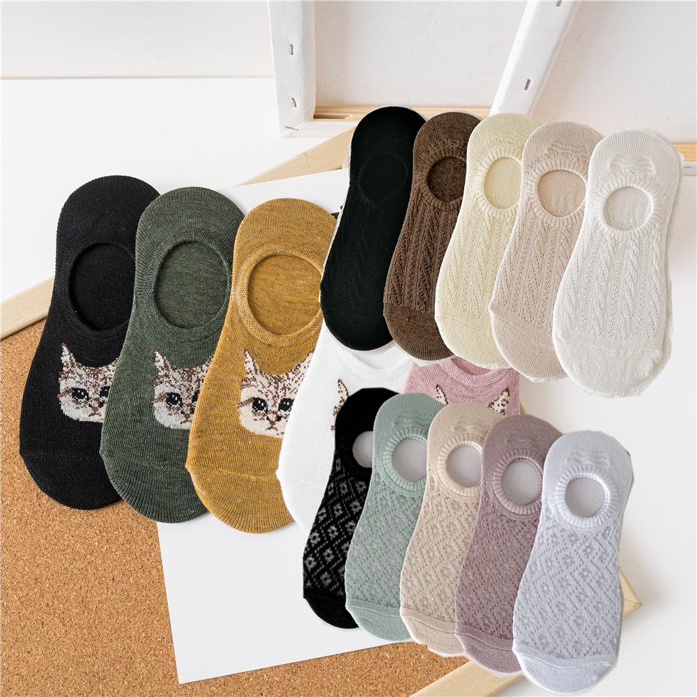 5pcs invisible boat socks for women cat head twisted mesh breathable diamond shaped socks for women shallow mouth non-slip no heel fall off_voghion.com