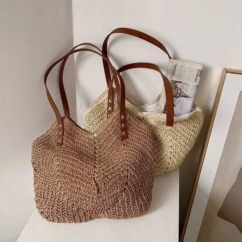Summer grass woven shoulder bag Latan Beach large capacity handmade vacation travel shopping handbag Y241011_voghion.com