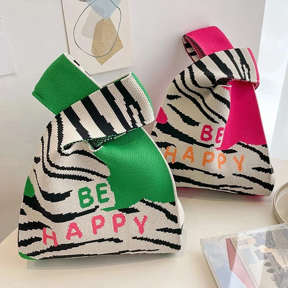 Borsa a mano in maglia fatta a mano da donna Mini borsa da polso con nodo Borsa per la spesa riutilizzabile per studenti a righe larghe scozzesi a colori casual_voghion.com