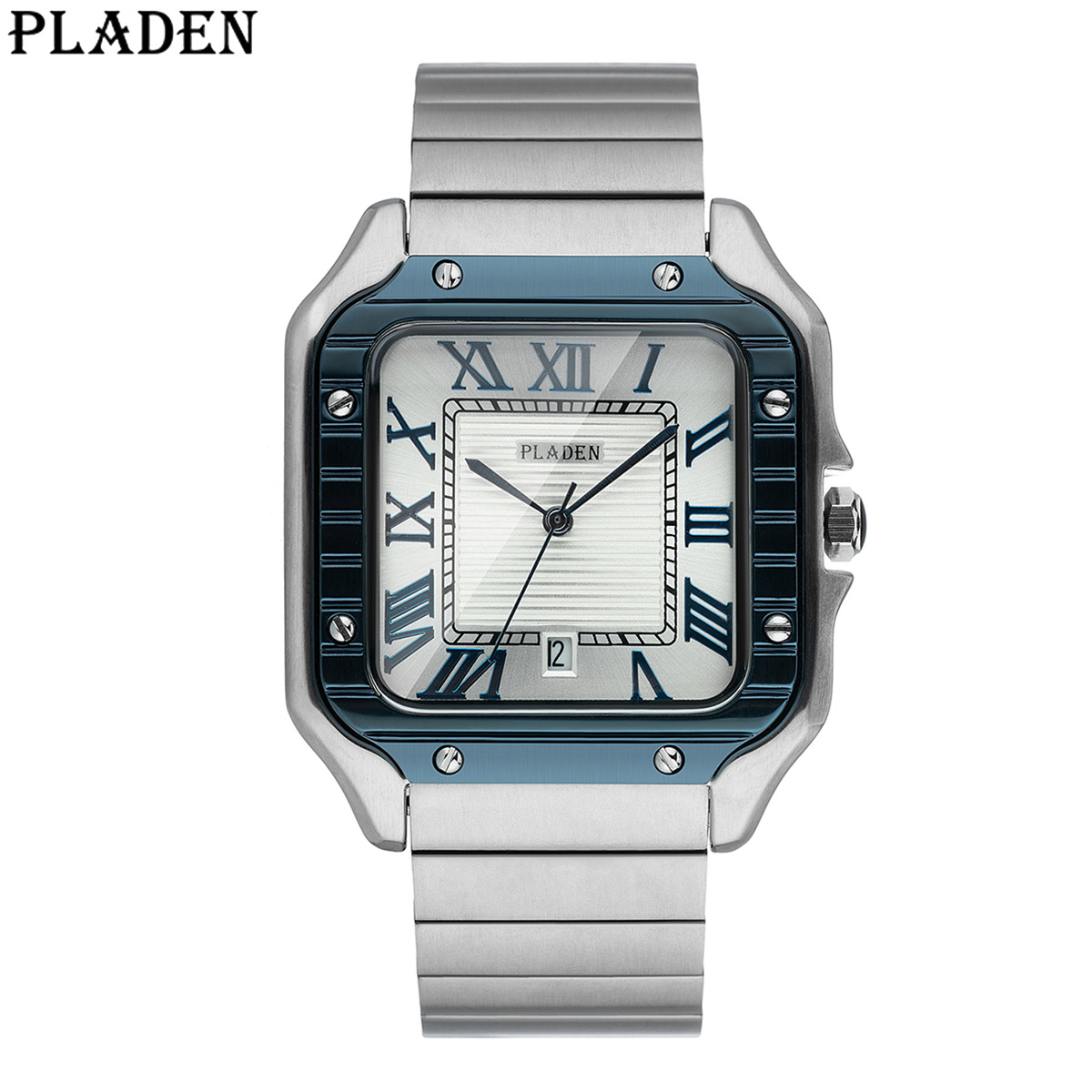 PLADEN brand is fashionable, classic, high-quality square calendar stainless steel men's quartz watch for business_voghion.com