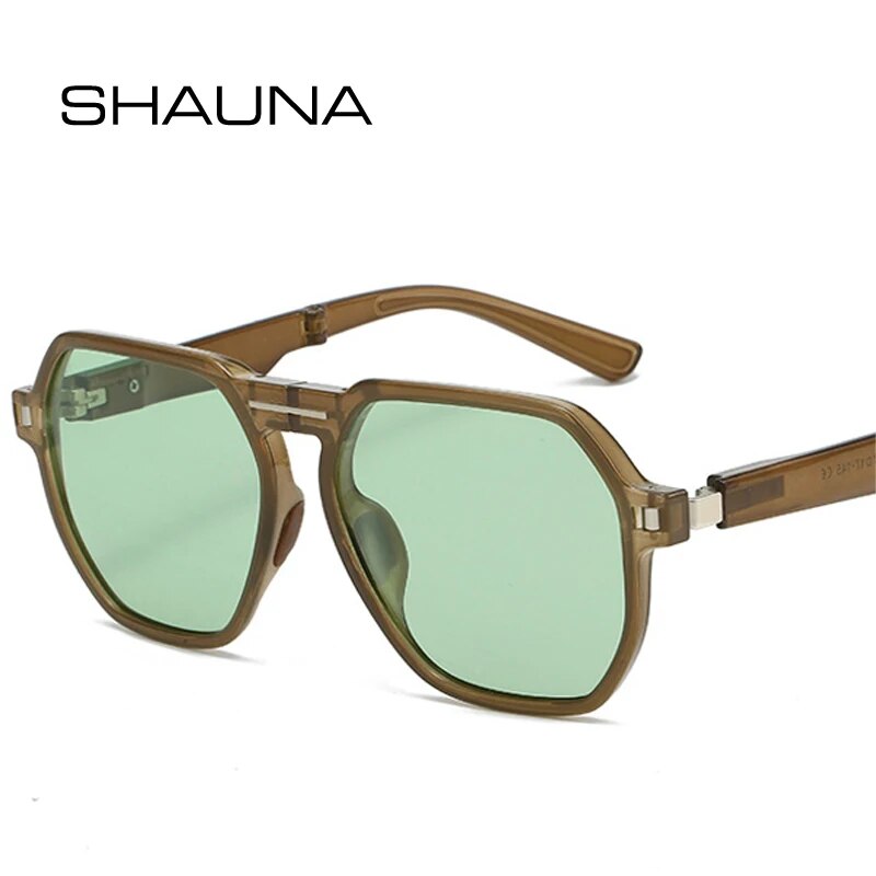 SHAUNA Retro Poligon Kare Kadın Polarize Katlanabilir Güneş Gözlüğü Shad UV400 Ins Popüler Moda Çay Yeşil Erkek Güneş_voghion.com