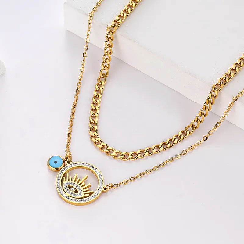 Eye Shaped Layered Chain Necklace In Stainless Steel Jewellery_voghion.com