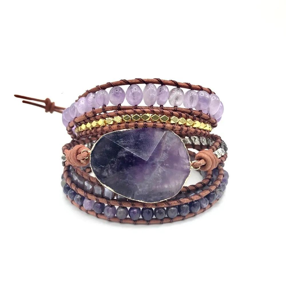 Braccialetti avvolgenti a 5 fili con ciondolo in cristallo di quarzo con pietre naturali, fatti a mano, in pelle, stile boho, da donna, 230814_voghion.com