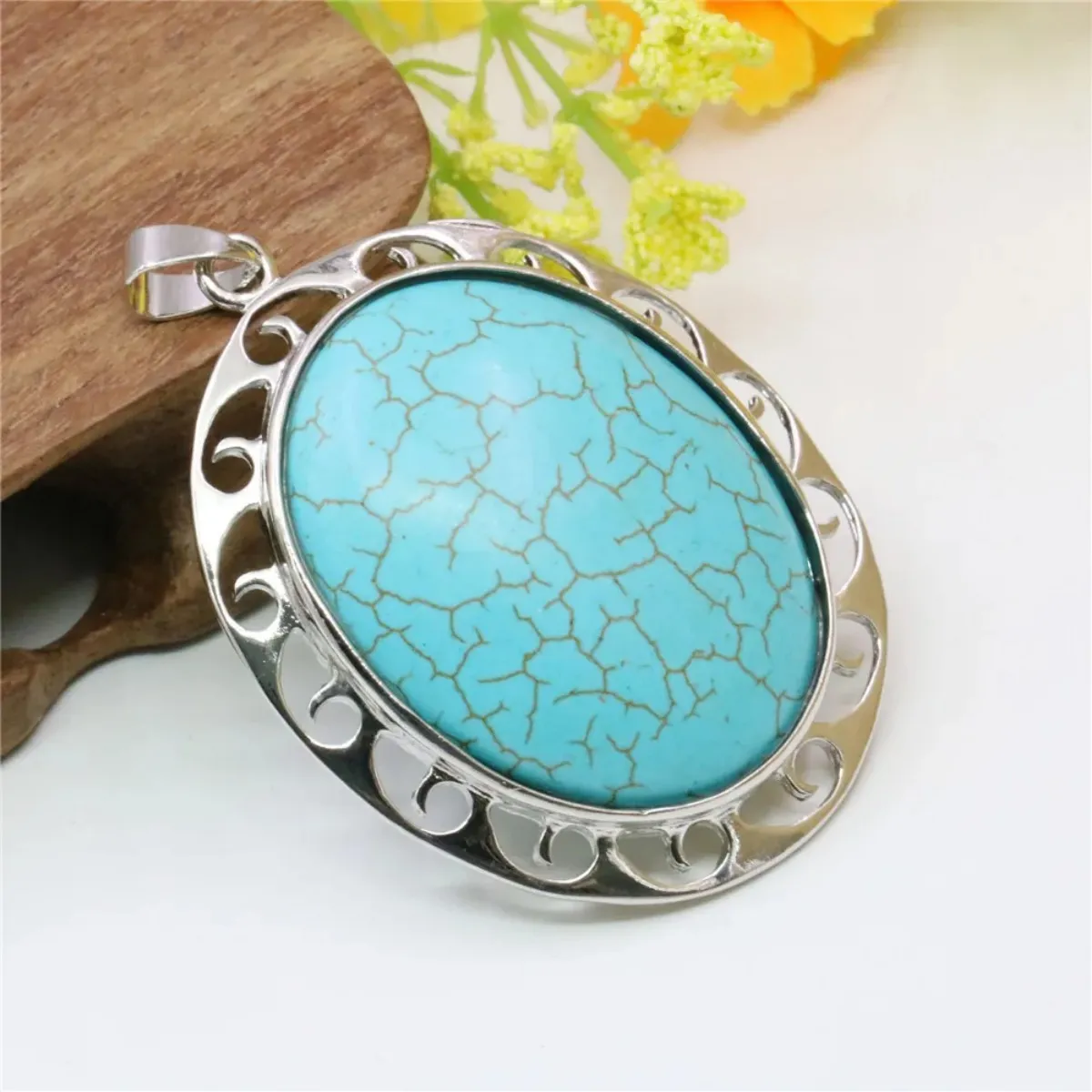 Colliers pendentifs ovales bleu dinde turquoise 42X50mm alliage bordure en métal pierre naturelle femmes filles cadeaux accessoires_voghion.com