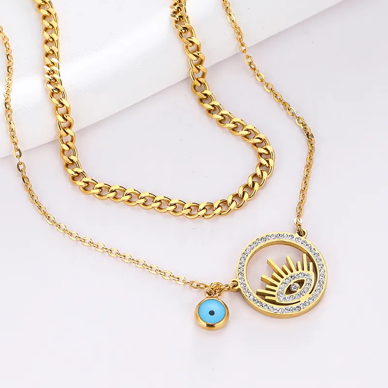 Eye Shaped Layered Chain Necklace In Stainless Steel Jewellery_voghion.com