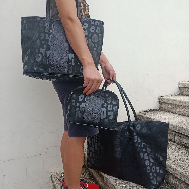 Große Kapazität, schwarze, leuchtende Leopardenmuster, dreiteilige Reisetasche, modische Urlaubsgepäcktasche, tragbare_voghion.com