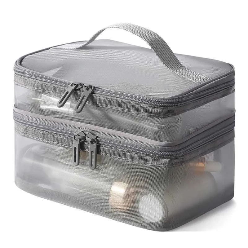 Reise-Kosmetik-Organizer mit 2 Schichten, transparent, faltbar, Netz-Reißverschluss, große Kapazität, Make-up-Reinigungstasche 2024_voghion.com