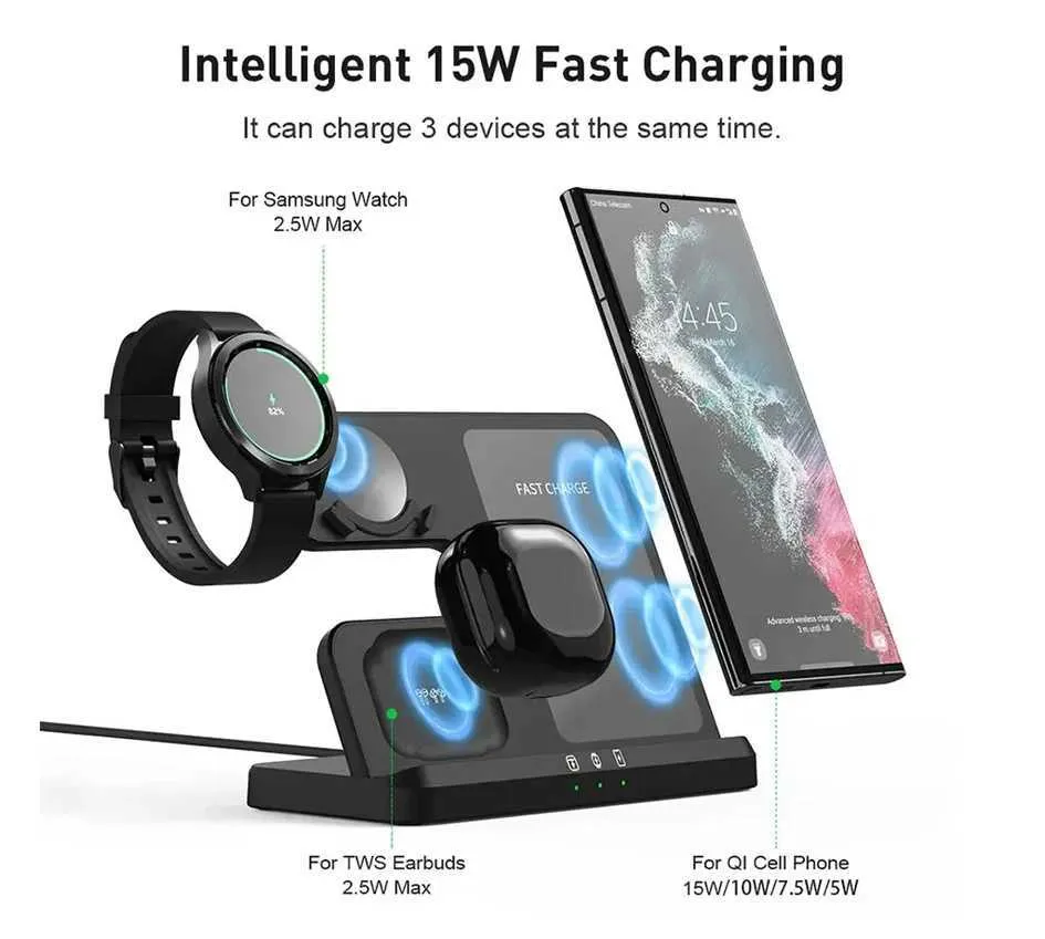 15W 3-in-1 Station Suitable For S23 S22 IPhone 15 14 13 Galaxy Watch 4 3 Earphones 2 Fast Wireless Charger Y241118_voghion.com