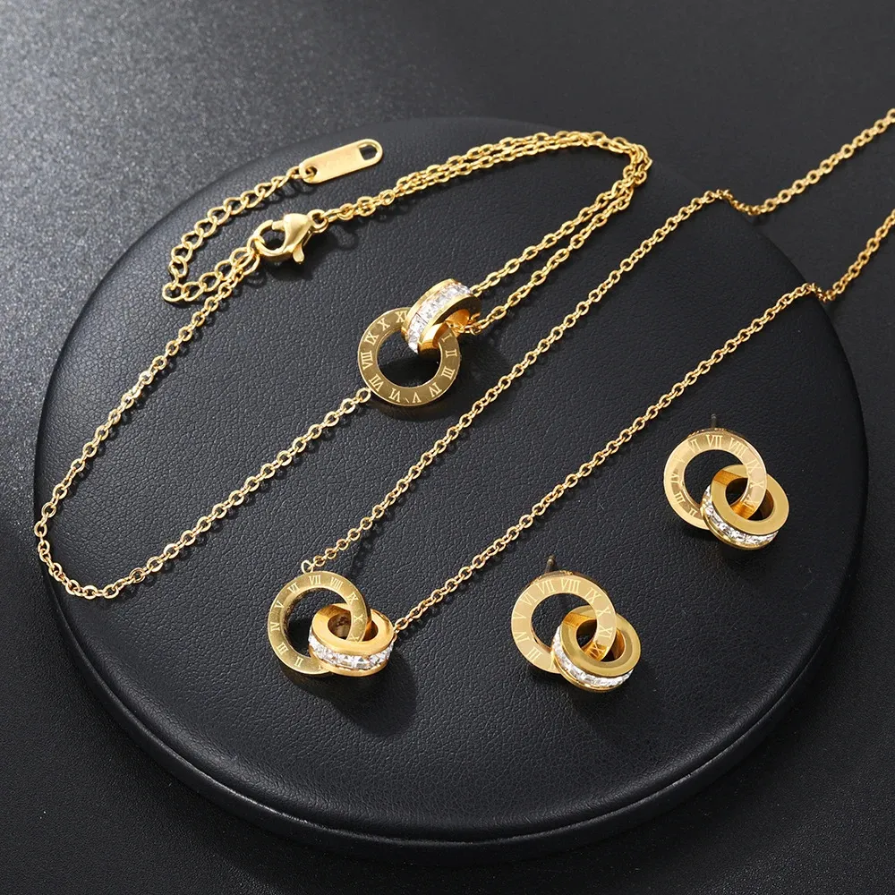 Elegant Stainless Steel Roman Numerals Jewelry Set For Women Crystal Earrings Bracelet Necklace Gift 240125_voghion.com