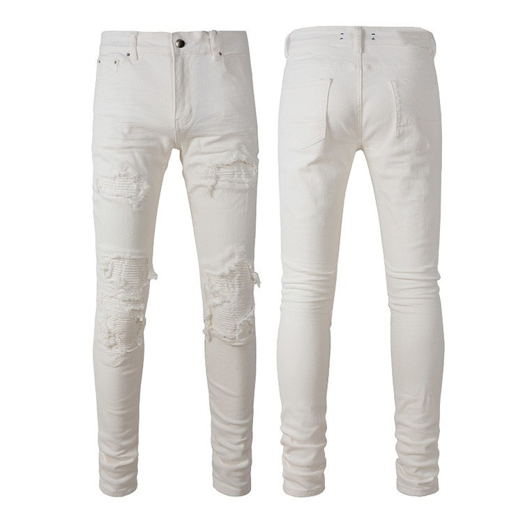 Men’s Clothing Men’s high street fashion white jeans street ripped jeans patch elastic slim fit skinny pants