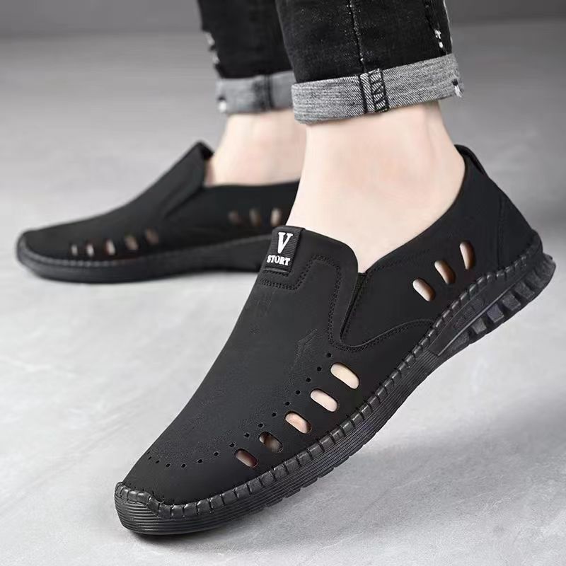 New 2024 Spring/Summer Men' Leather With Hollow, Breathable, Comfortable Soft Sole, One Step Driving Caual Single_voghion.com