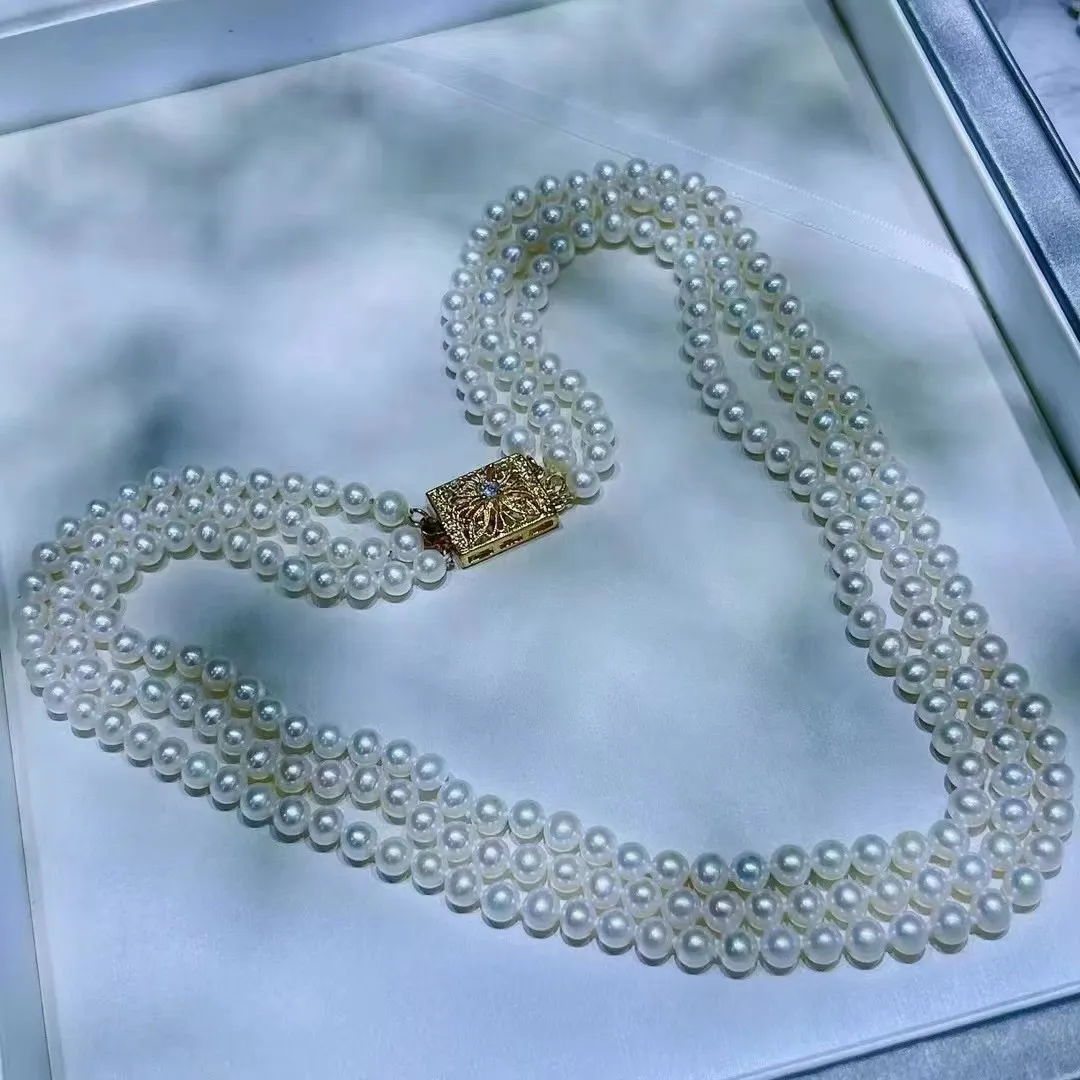 Ketten 5-6mm Drei Schichten Feiner Schmuck Natürliche Süßwasser Weiße Perlen Multi Halsketten Für Frauen_voghion.com