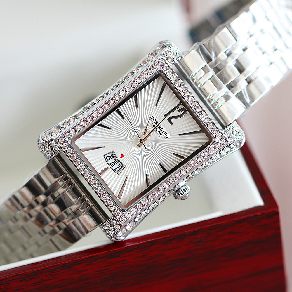 Orologio da donna per coppia, nuovo, alla moda, quadrante quadrato, calendario, cinturino in acciaio di precisione con inserto in diamanti, impermeabile e_voghion.com