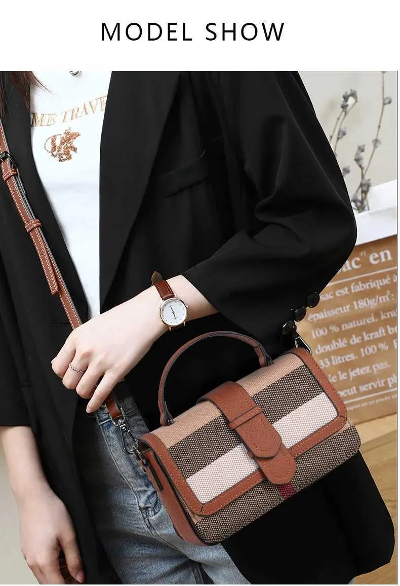 Crossbody Shoulder Handbag In Plaid Canvas And Cowhide Leather_voghion.com