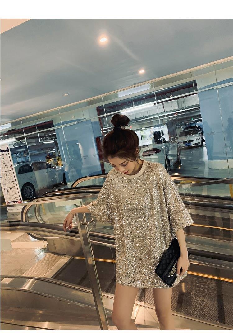 2025 Summer New Korean Edition Loose And Slim Shining Heavy Industry Blingbling Casual Short Sleeved T-shirt For Women_voghion.com