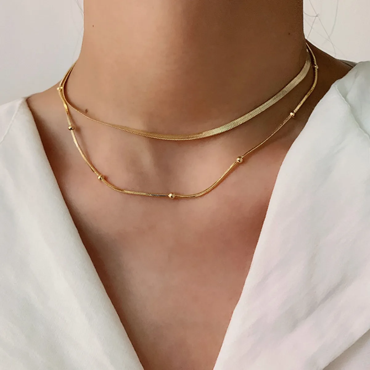 INS Designer Nuovo alla moda in acciaio inossidabile impilato Collare per le donne 14K placcato oro collana a catena serpente perline rotonde_voghion.com