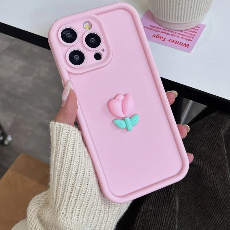Carcasă telefonică din silicon TPU cu flori de lalele pentru iPhone 11, 12, 13 Pro Max, X, XS, XR, 14/15" (negru)_voghion.com