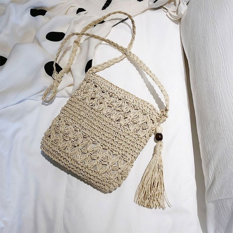 Women Beach Woven Straw Shoulder Messenger Bag with Tassel Boho Hollow Out Crochet Crossbody Handbag rame Purse_voghion.com