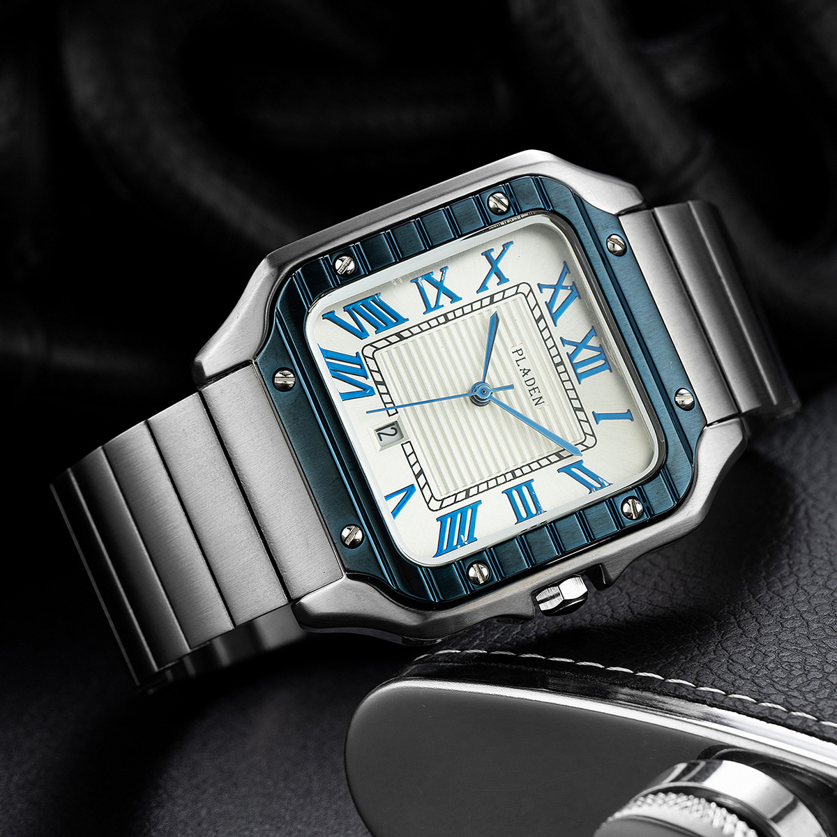 PLADEN brand is fashionable, classic, high-quality square calendar stainless steel men's quartz watch for business_voghion.com