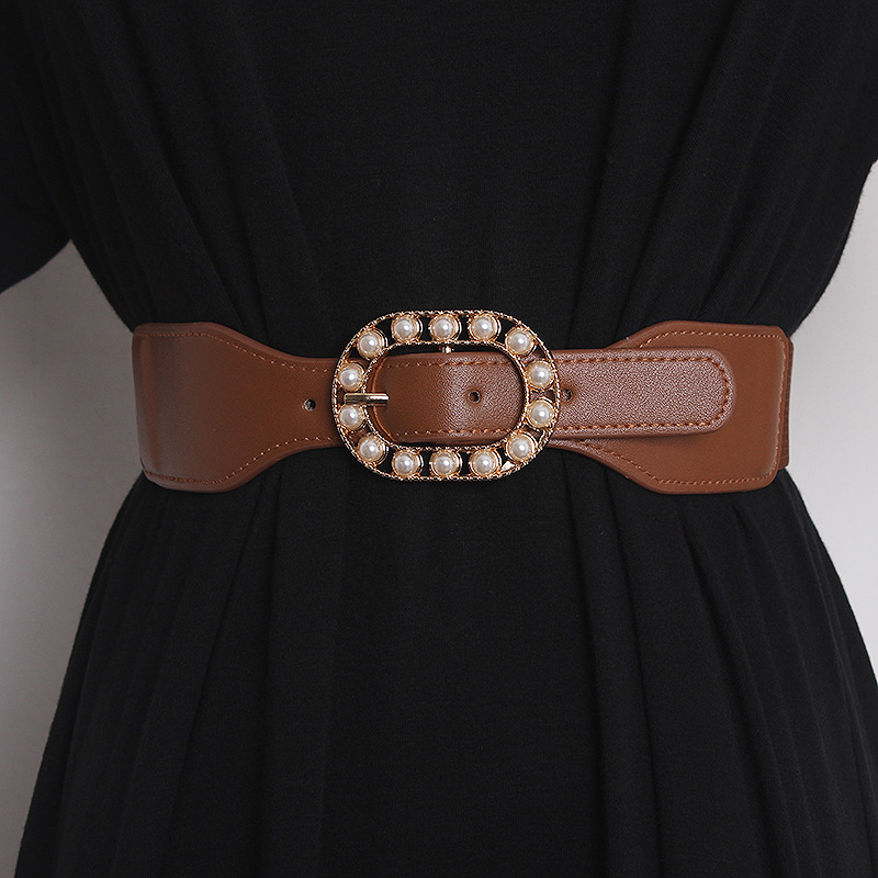 Long sweater belt for women with skirt dress decorative coat accessories pearl elastic black caramel narrow girdle_voghion.com