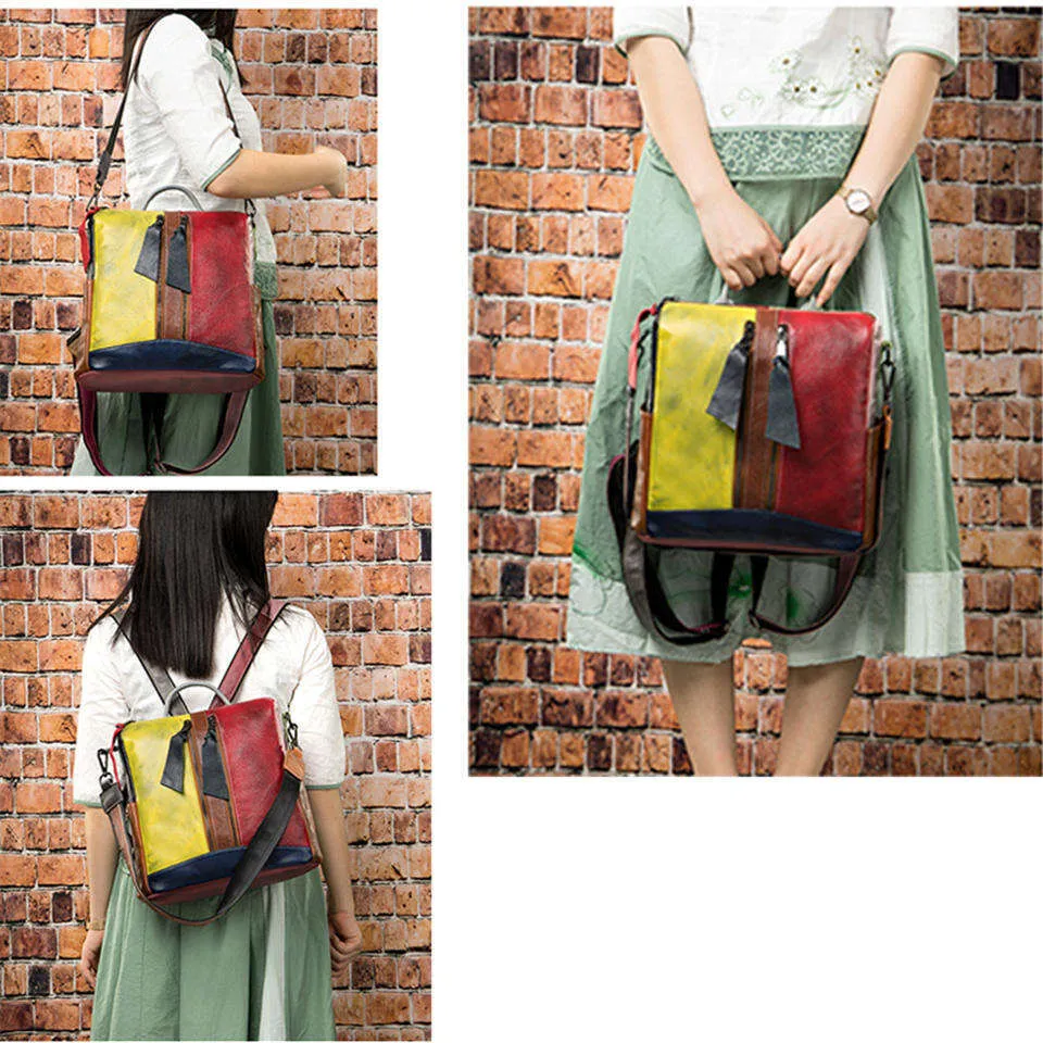 Echter Rucksack aus Kuhleder, zufällige Farbe, Patchwork-Stil, Unisex, nützlicher Rucksack, Damen, Mini-Mochila, Shopper-Tasche 2021_voghion.com