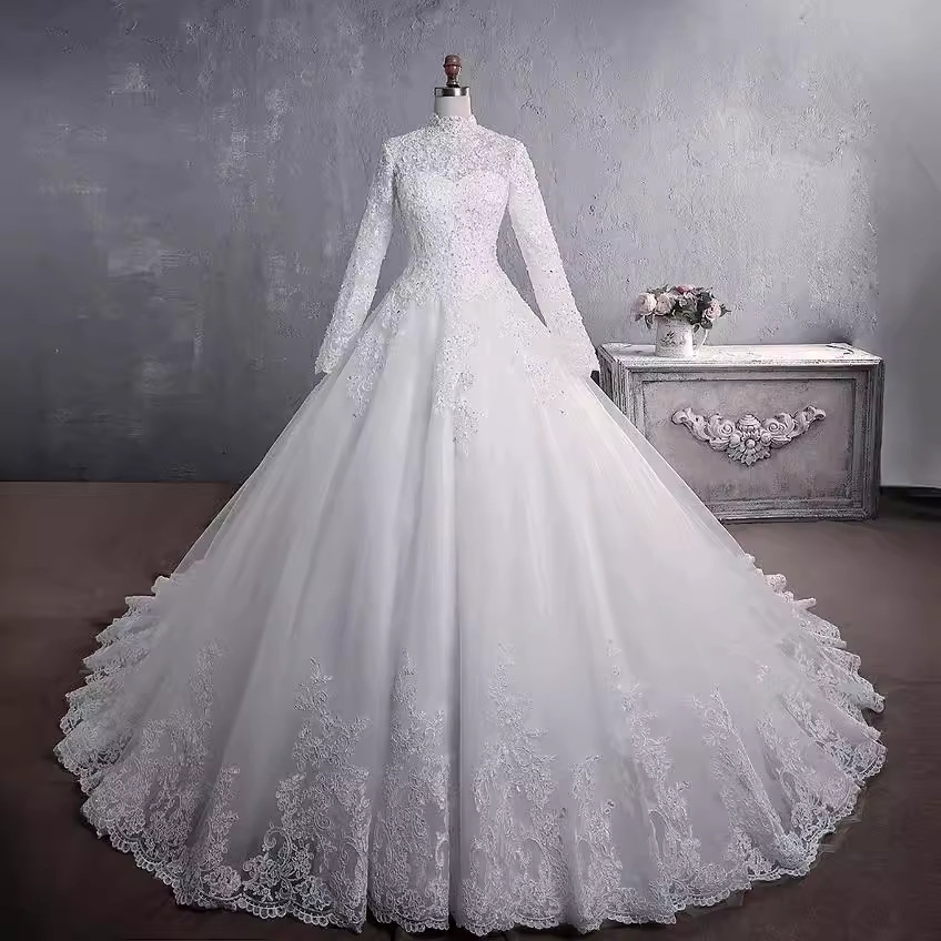 Women's Clothing Stand collar wedding dress long sleeve slimming fashion big train big size