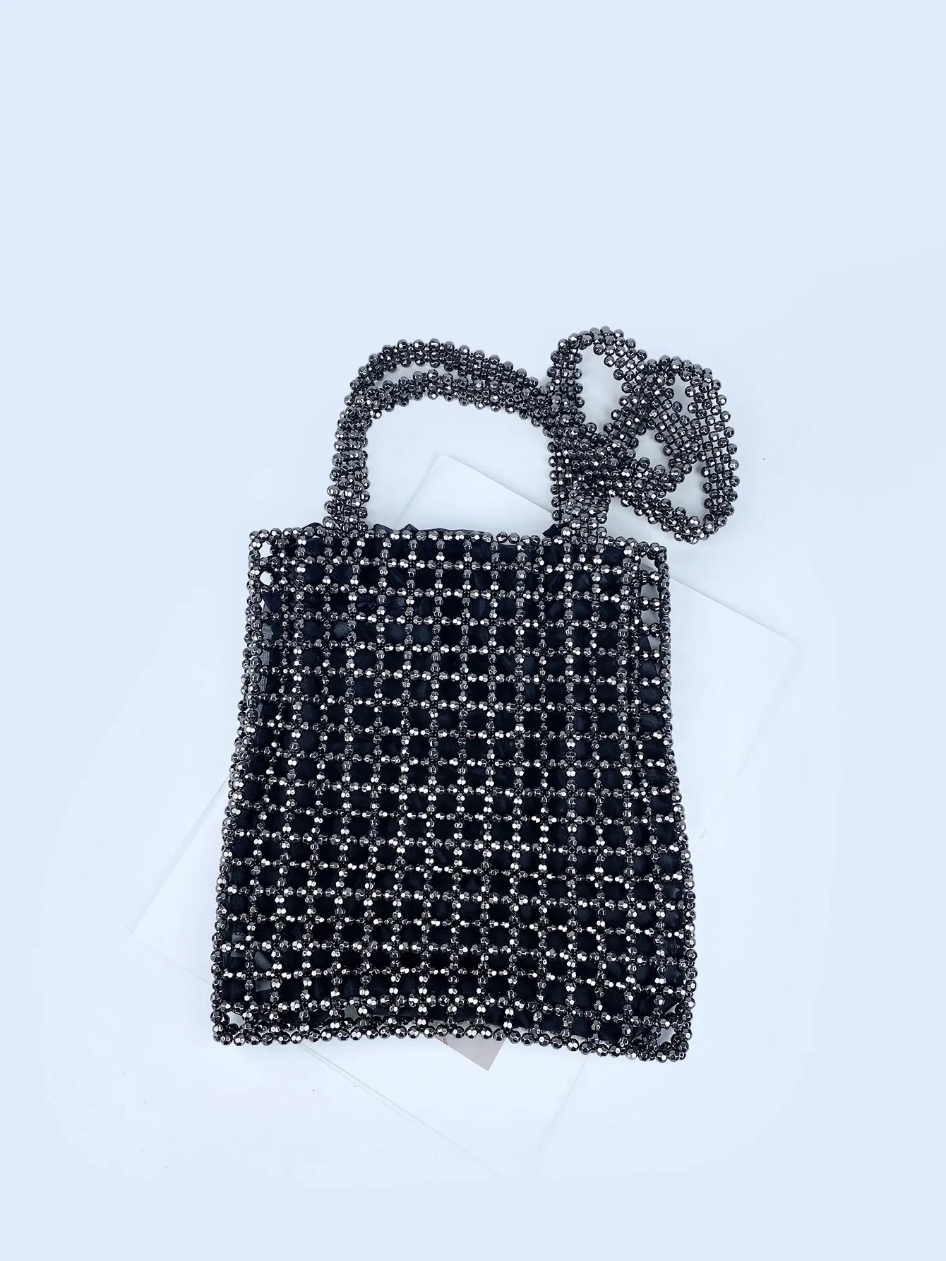 Beaded Shoulder Bag With Grey Openwork Design For Women_voghion.com
