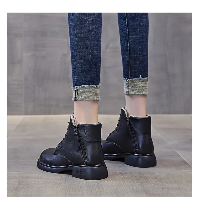 Genuine Leather Round Toe Motorcycle Plush Insulation and Thick Soled Short Boots with British Style Versatility_voghion.com