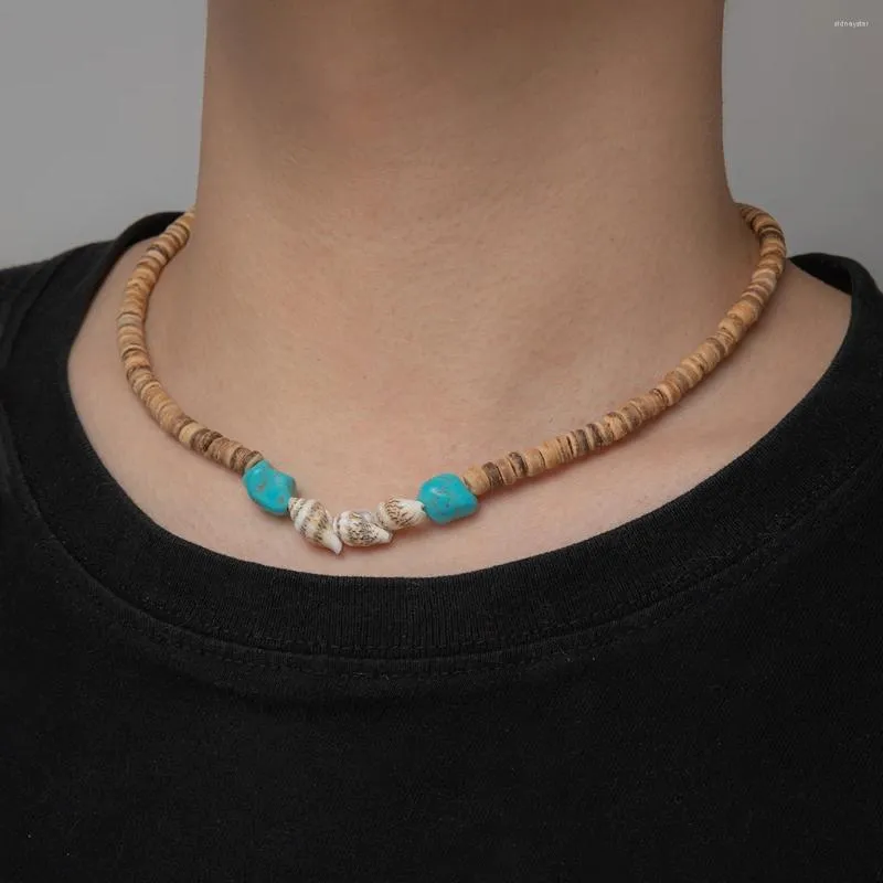 Collier pour homme avec perles en bois mélangées et conque de vacances à la plage_voghion.com