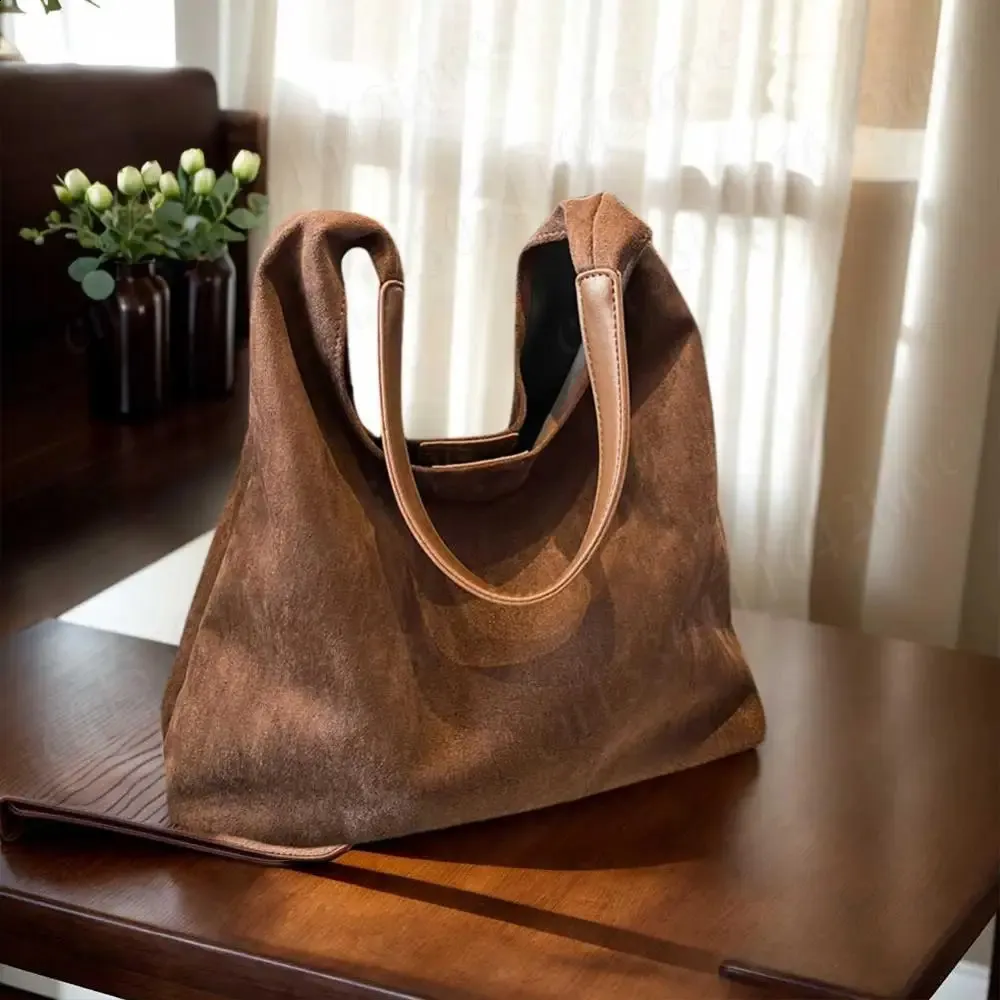 Borsa a tracolla semplice in pelle scamosciata vintage da donna, grande capacità, elegante, da viaggio, con chiusura a gancio, in tinta unita, 240919_voghion.com