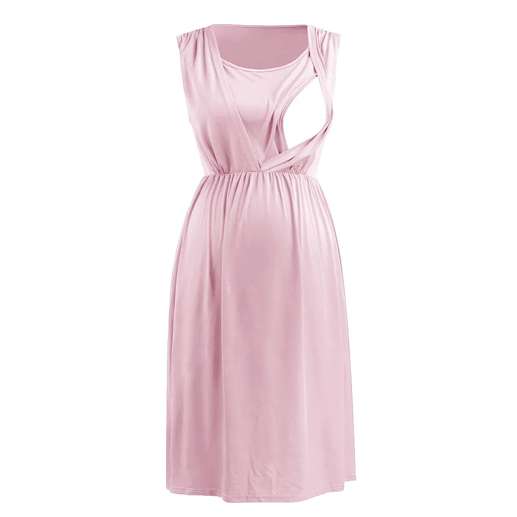 Robes de maternité 2024 col rond robe sans manches à la mode femmes enceintes vêtements allaitement grossesse Q06201_voghion.com