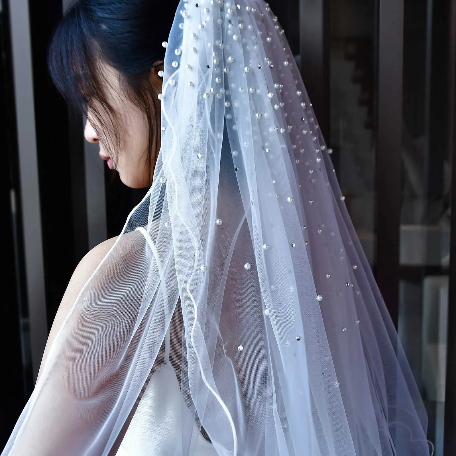 Gioielli per capelli MZA32 Velo a 2 strati con perle fard Veli da sposa lunghi fino al gomito con bordo a matita e morbidi accessori da sposa_voghion.com