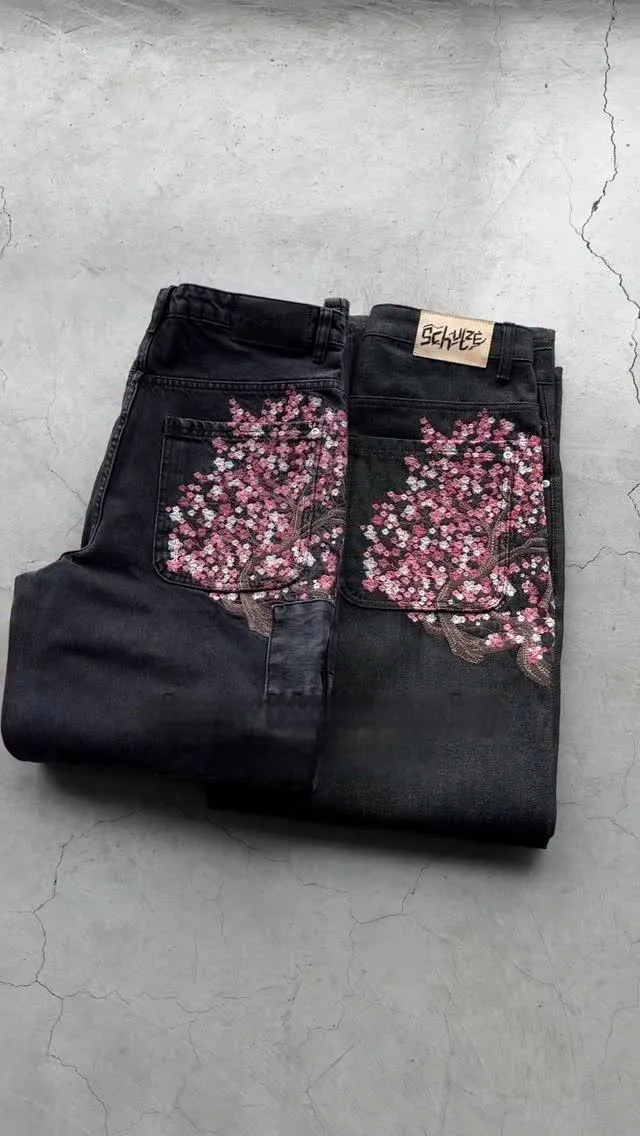 Derschutze Patchwork Cherry Blossom Embroidery Denim Pants Y2k Vintage Women Baggy Straight Wide Leg Jeans Street Men