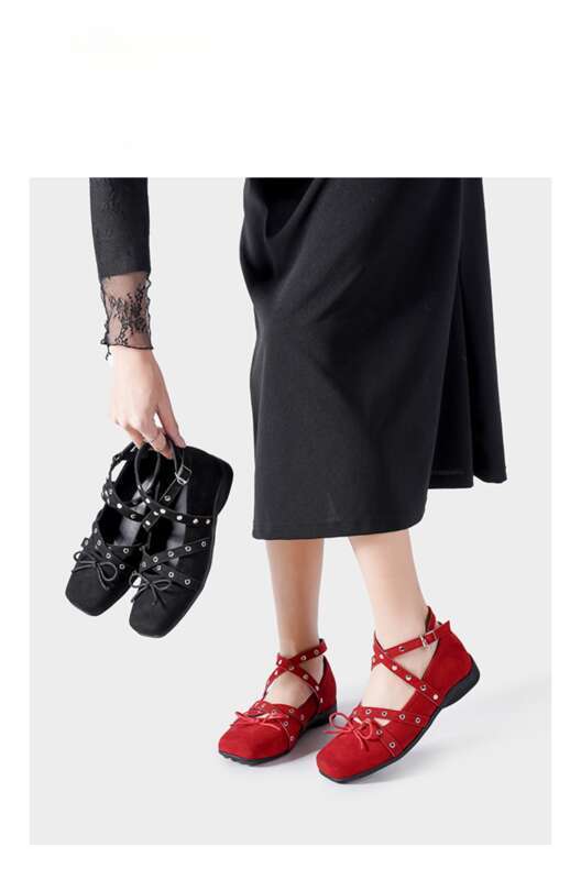 Französische Schuhe 2025 Frühling Neue Nieten Gürtelschnalle Ballerinas_voghion.com