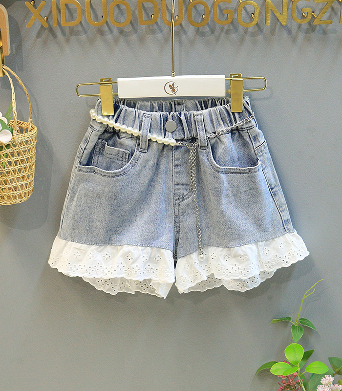 Mamma e bambini estate nuova ragazza vestito camicia con maniche a sbuffo più pantaloncini di jeans in pizzo abito a due pezzi_voghion.com
