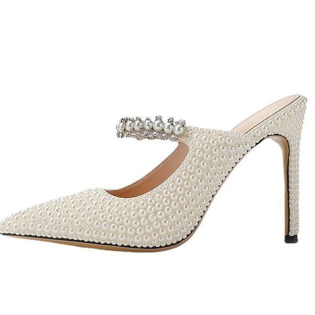 White pearl pointed high-heeled women's shoes fashion high-heeled half-empty women's sandals