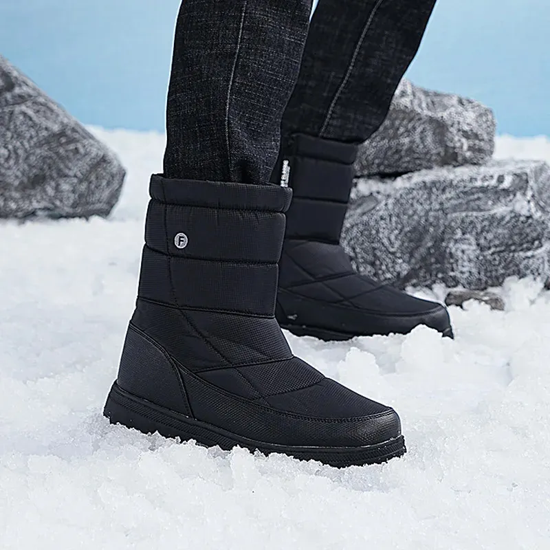 Bottes d'hiver pour hommes, grandes tailles, chaudes, en peluche, longues, imperméables, mi-mollet, pour l'extérieur, baskets durables, chaussures de loisirs à enfiler_voghion.com