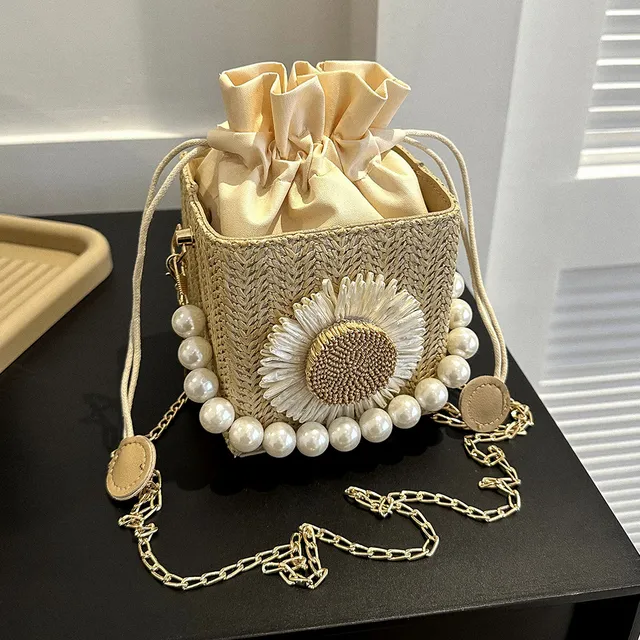 Borsa a tracolla quadrata da donna, leggera e traspirante, in paglia e perle, per viaggi di piacere e vacanze, con girasole_voghion.com