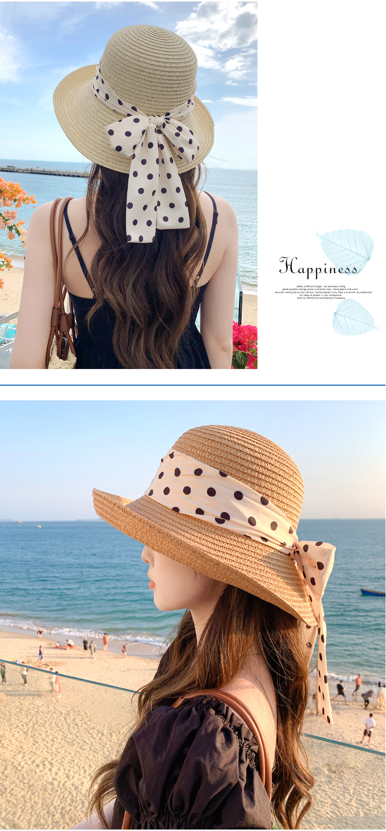 Donne estive con pois, nastri, turismo in paglia, spiaggia h, tese larghe per protezione e ombreggiatura, sole rovesciato_voghion.com