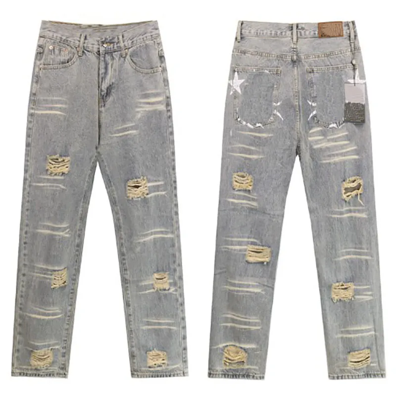 Designer Puff Print Hochwertiger Denim Zerrissene gewaschene Arbeit Schlanke Herrenhose Knopfart Winter Warme Jeans_voghion.com