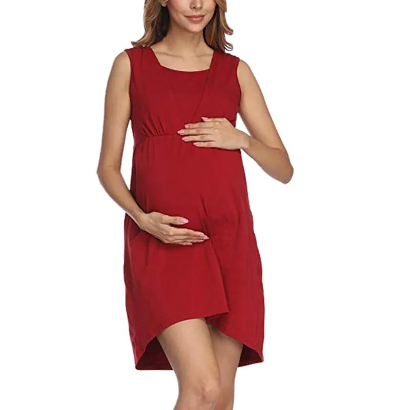 Robes de maternité 2024 col rond robe sans manches à la mode femmes enceintes vêtements allaitement grossesse Q06201_voghion.com