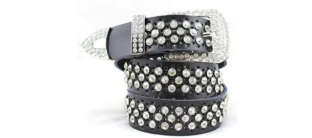 Rhinestone bälte för kvinnor i läder med kristaller midjebälte_voghion.com