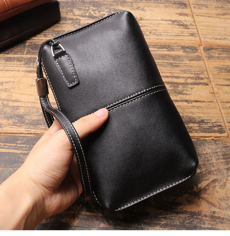 Herrenhandtasche echtem Leder, weicher Lederreißverschluss, lange Brieftasche, lässige Telefontasche aus Rindsleder der_voghion.com