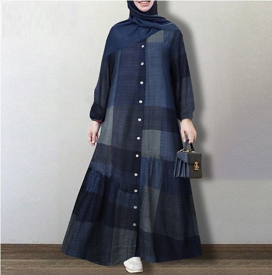 Women Simple and loose casual long Japanese and Korean checkered dress_voghion.com